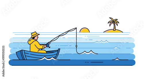 Fisherman in a boat casting a fishing rod in a simplified illustration