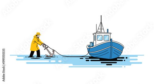 Fisherman pulling anchor of a boat on water illustration