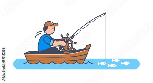 Fisherman in a boat fishing with fish hook cartoon illustration