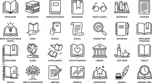 A collection of various black line icons related to education and learning