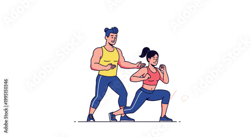 Fitness training illustration of a man assisting a woman with exercise