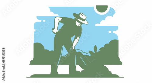 Gardener digging in garden under sun and clouds vector illustration