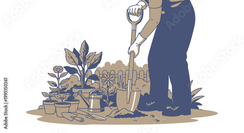 Gardener digging in garden with plants and tools illustration