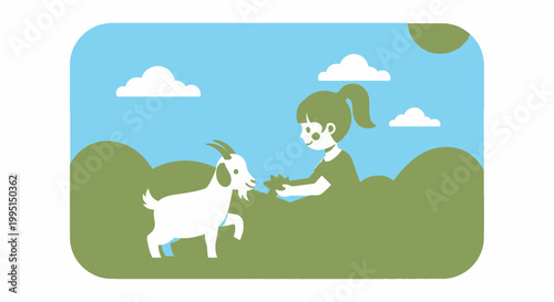 Girl feeding a goat with fresh leaves on a bright sunny day vector illustration