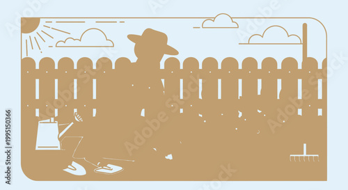 Gardener watering plants in a garden with fence and sunny sky illustration