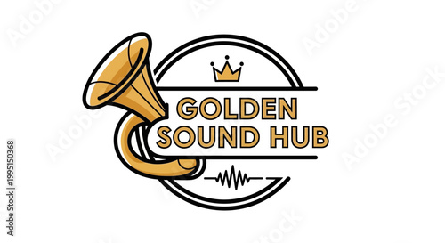 Golden sound hub logo musical instrument with crown and soundwave