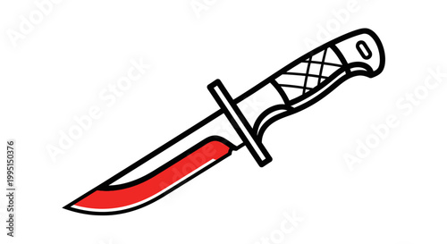Graphic illustration of a sharp knife with a red blade and white background