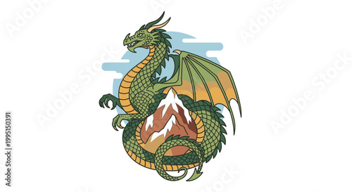 Green dragon illustration with mountain vector art isolated on white