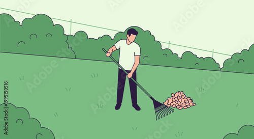 Man raking leaves in a yard vector illustration for seasonal activities