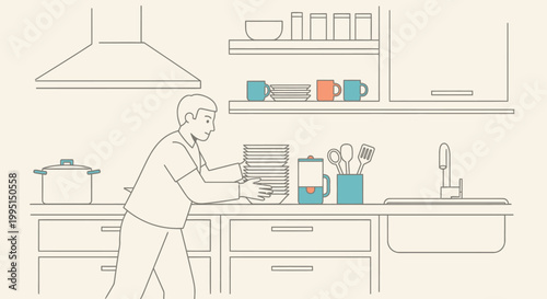 Man stacking plates in a modern kitchen with minimalist line art