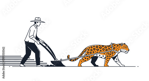 Man working with a large cat animal illustration for conceptual design