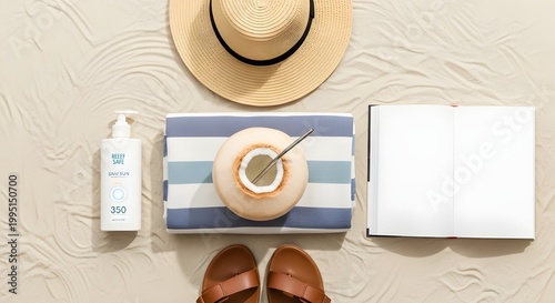 Flat Lay of Summer Beach Essentials with Reef Safe Sunscreen, Straw Hat, and Coconut on Sand Top View of Beach Accessories and Open Book on Sand