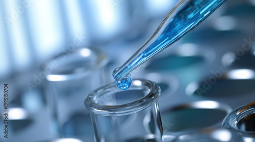 Laboratory pipette dispensing blue liquid into test tube rack, close up scientific research scene with sterile glassware, biotechnology analysis, medical experiment and clean moder