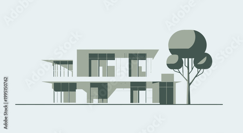 Modern architectural illustration of a house with trees and contemporary design