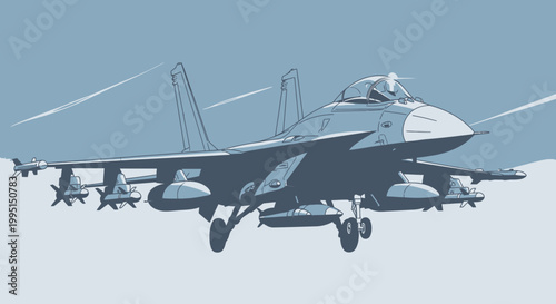 Modern fighter jet in flight against a clear blue sky vector illustration