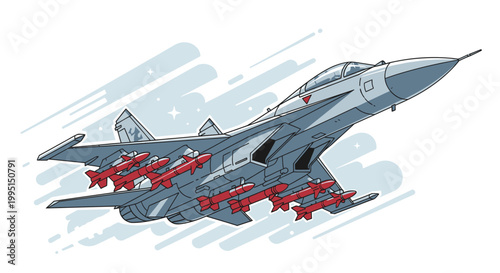 Modern jet fighter aircraft flying in sky with missiles ready for combat