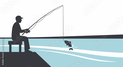 Silhouette of a fisherman fishing on a pier with a fish jumping