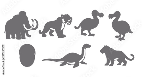 Silhouettes of prehistoric animals isolated on a white background for design