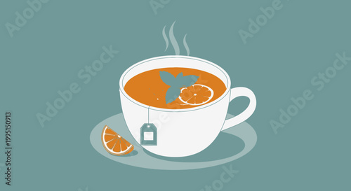 Steaming cup of tea with orange slice and mint leaves on saucer illustration