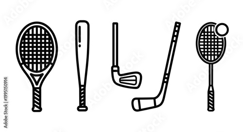 Sports equipment collection tennis racket baseball bat golf club hockey stick