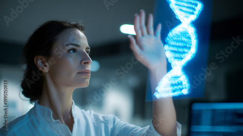 Woman researcher interacting with digital DNA helix in advanced medical laboratory, genetics and biotech innovation concept, holographic molecular analysis, healthcare science, gen