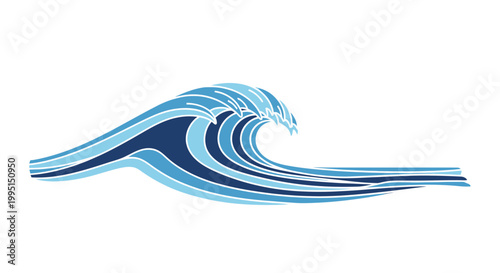 Stylized ocean wave illustration in shades of blue against white background