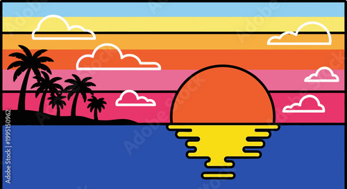 Sunset over ocean with palm trees and clouds in vibrant colors