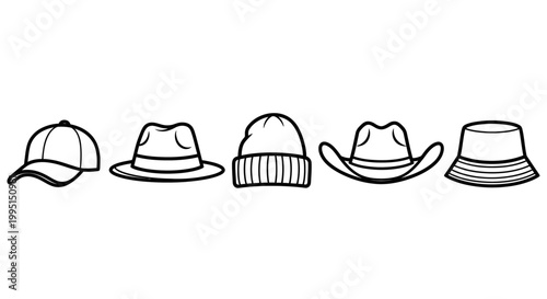 Variety of hats displayed in a line against a white backdrop