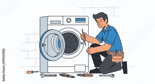 Technician repairing washing machine cartoon illustration isolated on white
