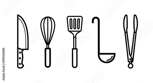 Vector illustration of assorted kitchen utensils in black and white