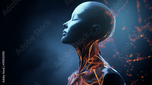 Futuristic humanoid profile with glowing DNA strands woven through biomechanical anatomy, ultra detailed cyber genetics concept blending artificial intelligence, biotechnology and