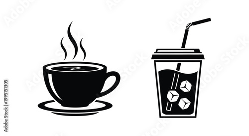 Black and white beverage icons featuring coffee and iced drink silhouette
