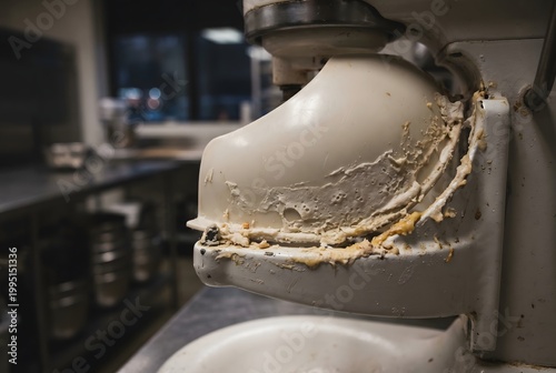 Macro close-up of a commercial mixer shield base hardened with royal icing and fondant
