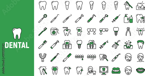 A collection of various dental icons and tools on a with a green accent