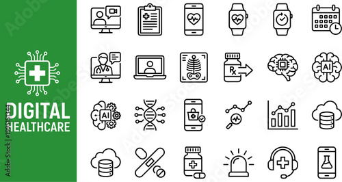 A collection of digital healthcare icons on a with a green box