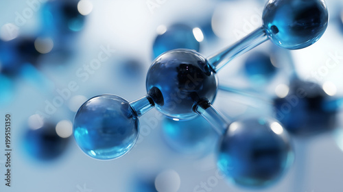 Abstract molecular structure with glossy blue spheres and transparent bonds, futuristic chemistry and nanotechnology concept, high detail scientific visualization with clean labora