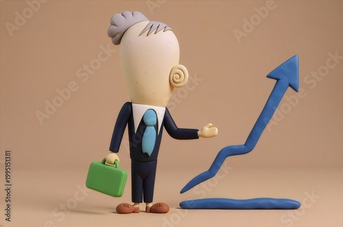 Claymation Businessman Pointing at Upward Growth Arrow Chart with Copy Space Left