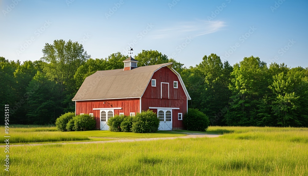 Obraz premium Red Barn with White Doors in Sunny Rural Field