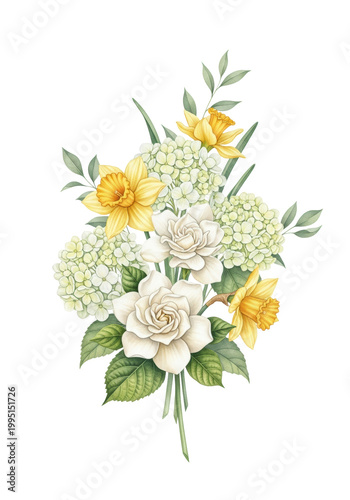 watercolor illustration of an elegant bouquet with white gardenias, yellow daffodils, and pale hydrangeas, featuring soft washes and detailed brushstrokes on a white background, concept of natural