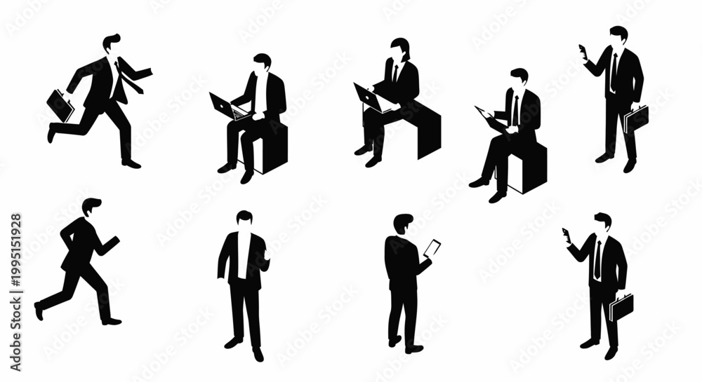 Fototapeta premium isometric business people in various actions like running and working on laptop