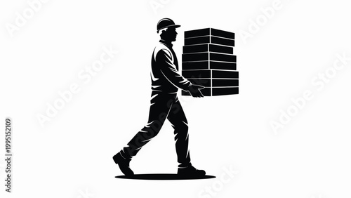 Labourer Silhouette Carrying Heavy Stack of Boxes for Construction and Industrial Work Concept