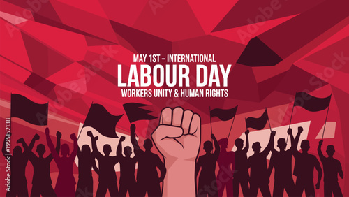 International Labour Day Banner with Raised Fist Silhouette Crowd and Workers Unity Concept