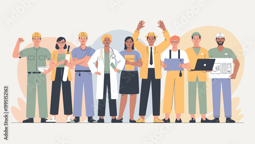 Diverse Professional Workers Group in Uniforms Including Doctor Engineer and Construction Workers