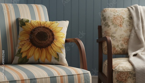 Sunny Sunflower Pillow on Striped Studio Chair in Cozy Living Room
