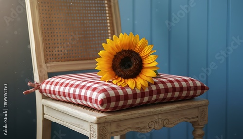 Bright Sunflower Resting on Red Checkered Cushioned Stool