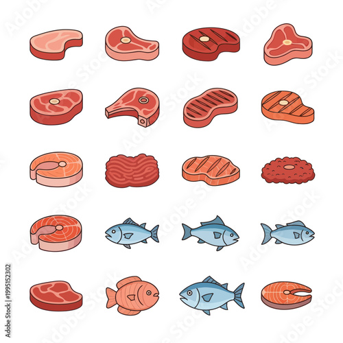 Assorted Raw Meat Cuts and Fish Fillets Vector Icons