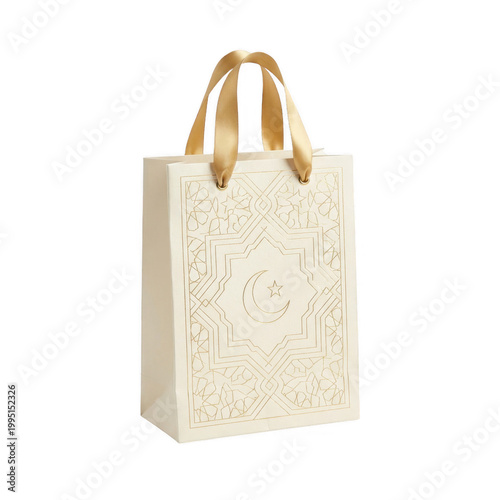 A cream colored gift bag with gold ribbon handles. The bag features an intricate gold laser cut geometric pattern with a crescent moon and star motif. Isolated on a transparent background.