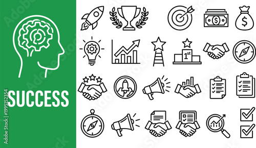 Collection of business success icons including goals and achievements