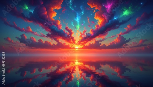 Vibrant Sunset Over Ocean with Colorful Clouds and Reflective Water