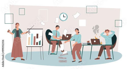 Illustration showing chaotic office with stressed coworkers in flat style on light background, conveying concept of workplace pressure and disorganization. Hand-drawn vector illustration